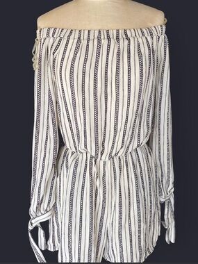Maurices Striped Cream and Black Off-Shoulder Romper
